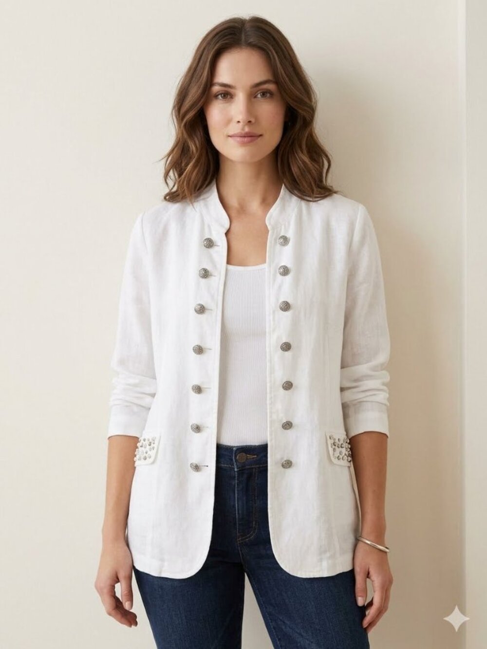 Tricotto 100% Linen Drummer Style Jacket Beaded Pockets Size XL White